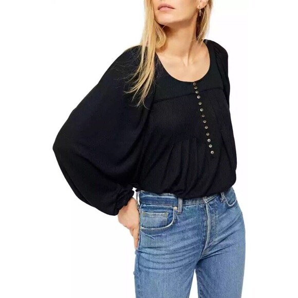 Free People $88 Devin Textured Long Sleeve Knit Top Black‎ Womens Size Small - Picture 1 of 14